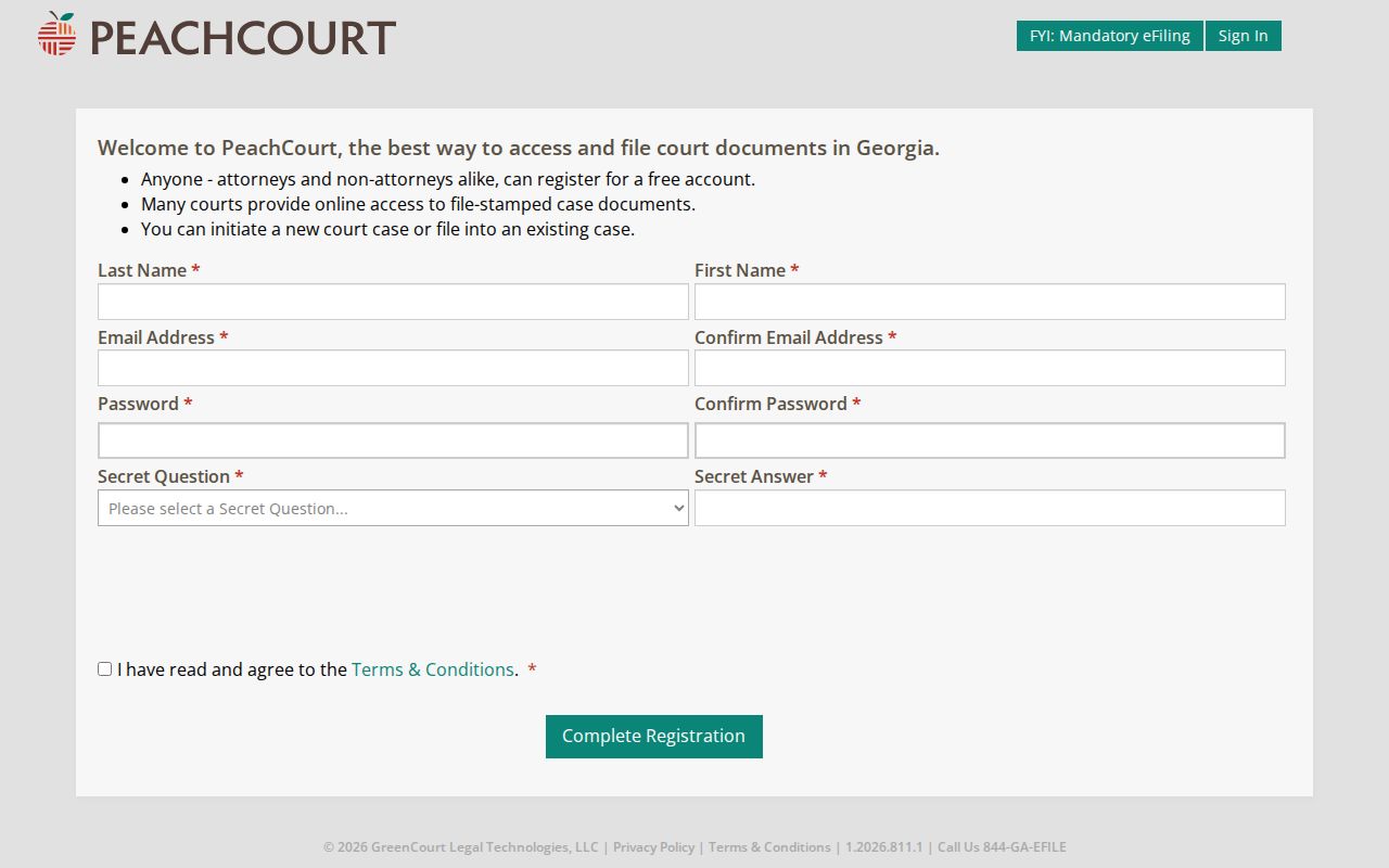 Calhoun County case lookup PeachCourt registration fields
